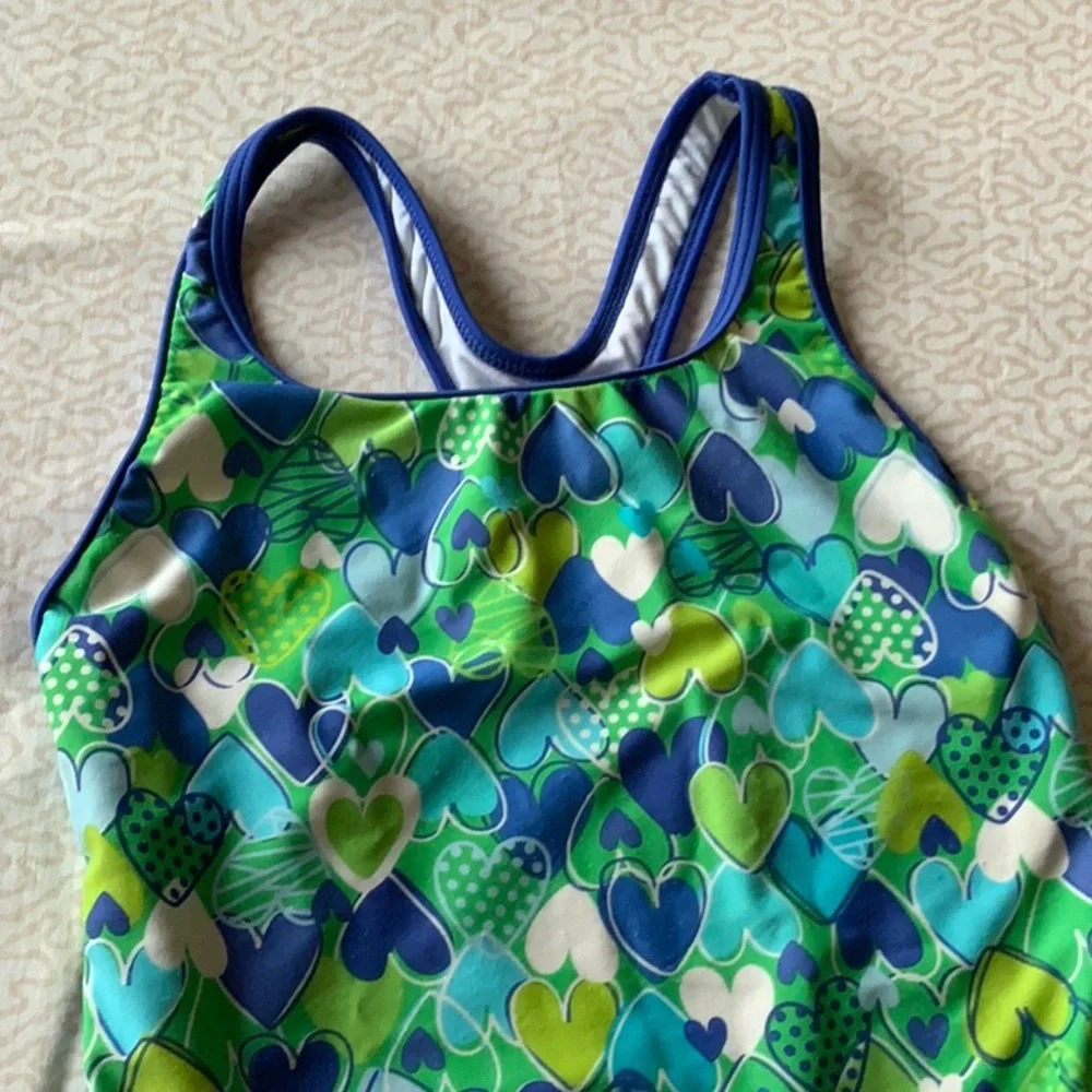 Speedo Blue & Green Heart-Print One-Piece Swimsuit in size 10